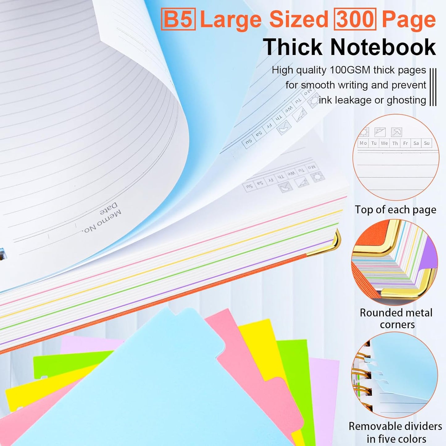 Hardcover Spiral Notebook 8"x10" Journal Notebook with Tabs and Removable Dividers 300 Pages 5 Subject Notebook College Ruled, Faux Leather Spiral Bound Notebook for Women, Students, School Work (Orange)