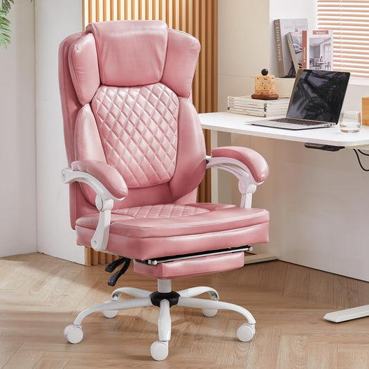 Ergonomic Office Chair with Foot Rest, Executive Chair with Footrest PU Leather Computer Chair, Big and Tall Chair Reclining Desk Chair, Thick Padded Coil Spring Seat, 400 lbs Capacity (Pink)