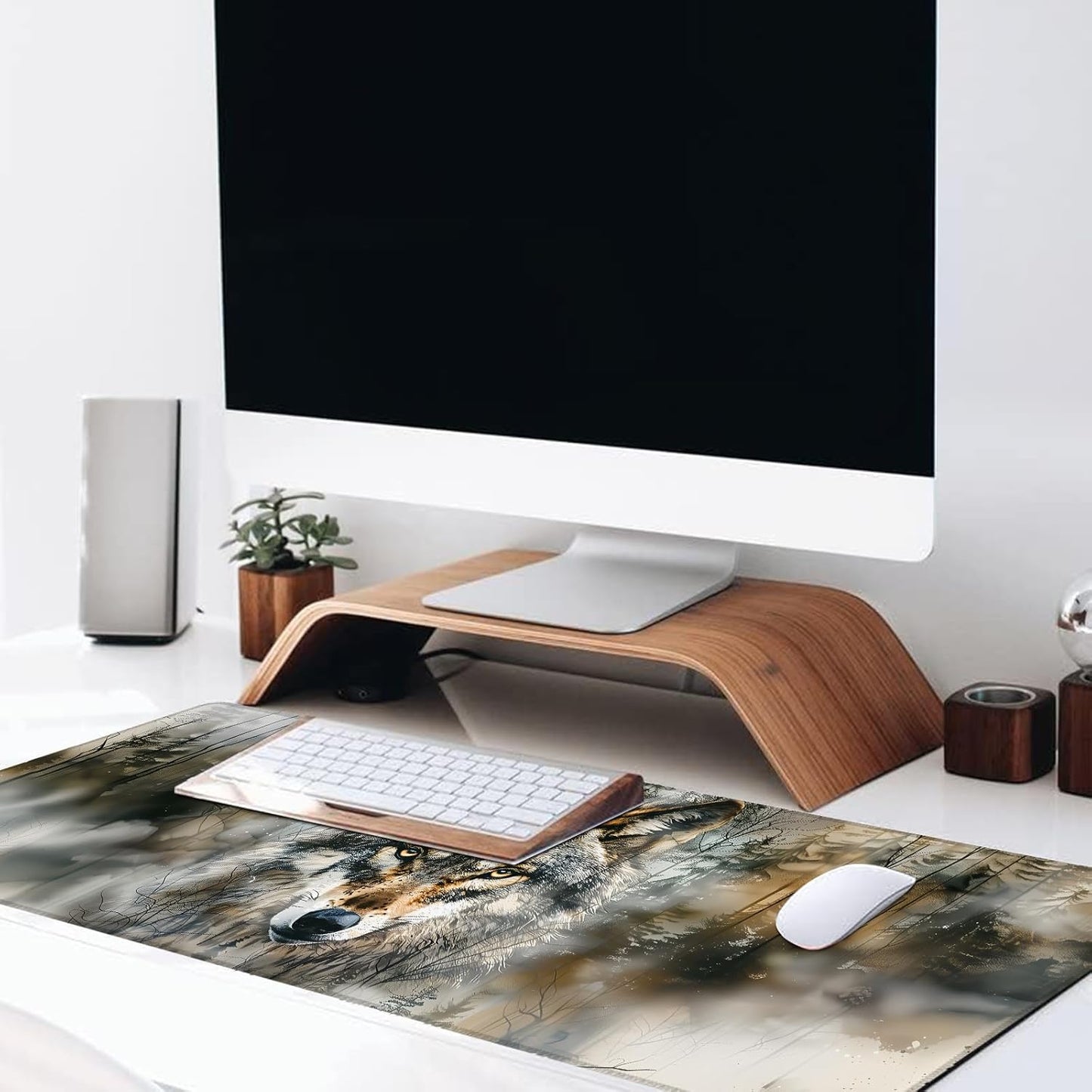 Cool Wolf Large Gaming Desk Mat,Rubber Non-Slip Majestic Forest Mouse Pad,31.5x11.8x0.12in Extended Wildlife Mousepad,Game Lover Mice Pads Gifts,Office Home Deskmat Decor