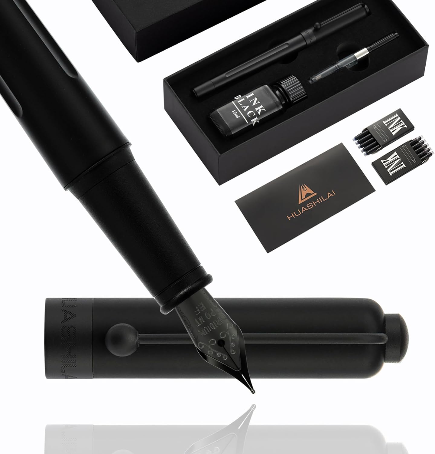 Luxury Matte Black Forest Fountain Pen Set,Titanium Black Extra Fine and Medium Nibs,Includes 2 Ink Converters,10 Ink Cartridges,15ml ink，Premium Gift Case for Calligraphy (Extra Fine Nib)
