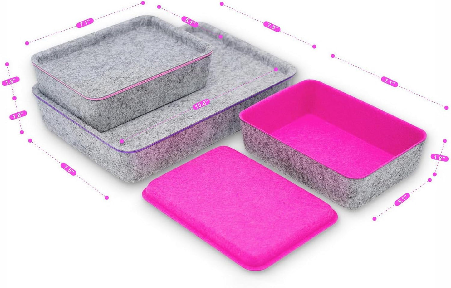 Welaxy Lidded Felt Drawer Organizer Trays with lids Desktop Organizer Bins Storage box for crafts office supplies pen Junk Makeup Stationery Organize 3-Pack ( light pink + hot pink + purple)