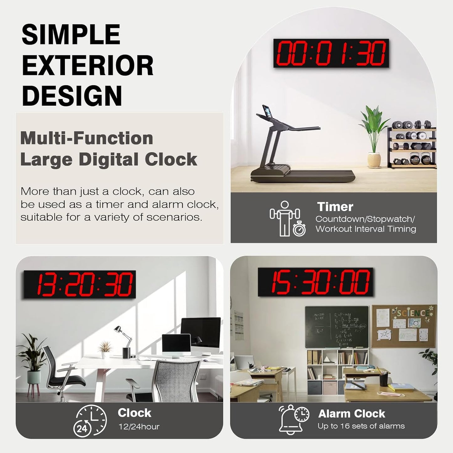 Digital Wall Clock with Large Display, 28.4‘’LED 6-Digit Large Clock with Adjustable Brightness, Multifunction Gym Clock with Countdown,Stopwatch and Workout Interval Timing (Red)