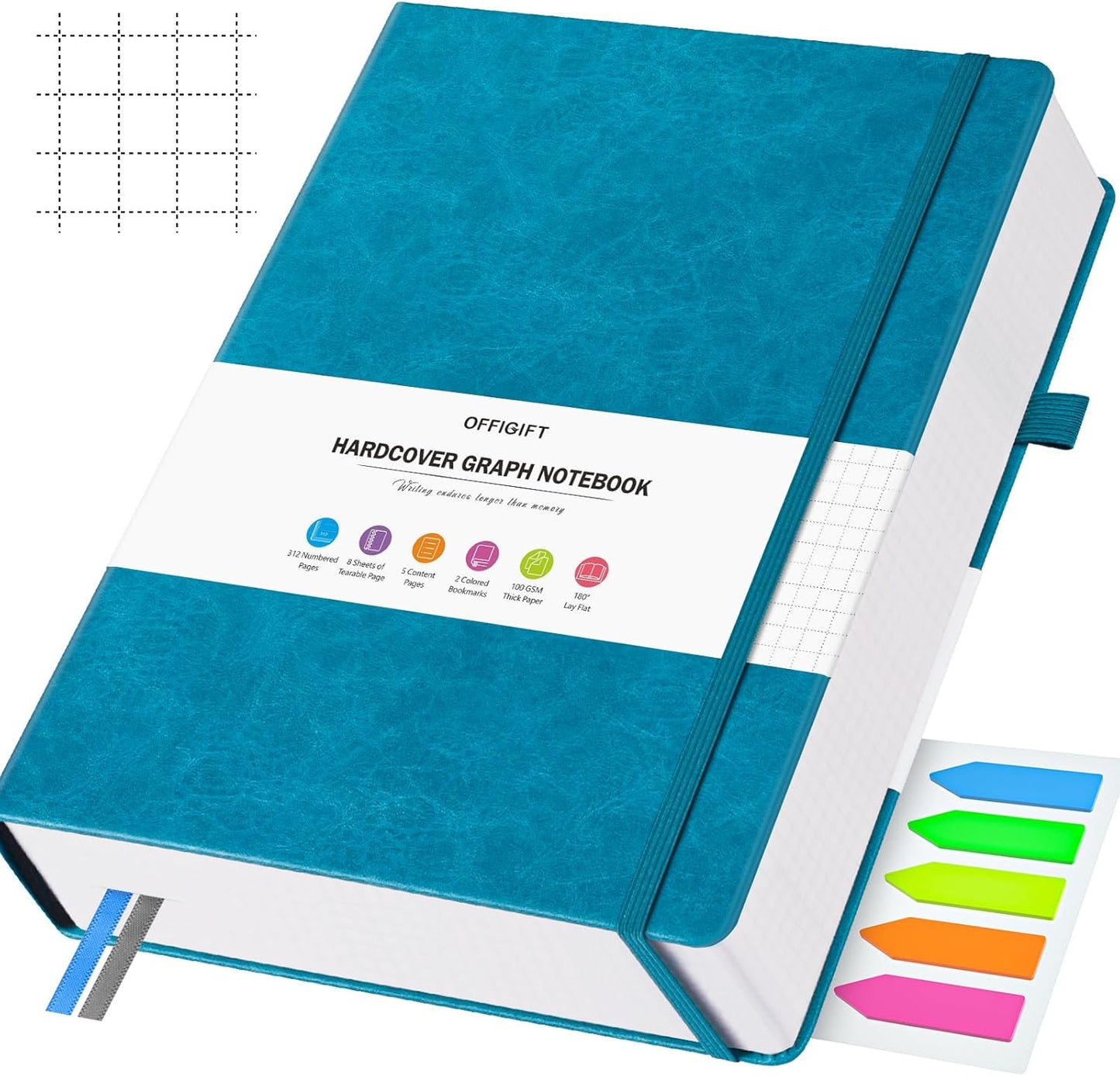 Graph Paper Notebook, 312 Numbered Pages B5 Hardcover Leather Journal, 100gsm No Bleed Grid Paper Notebook with Index Pages, Grid Notebook for Graphing Notes Math, 7.6'' X 10'', Blue