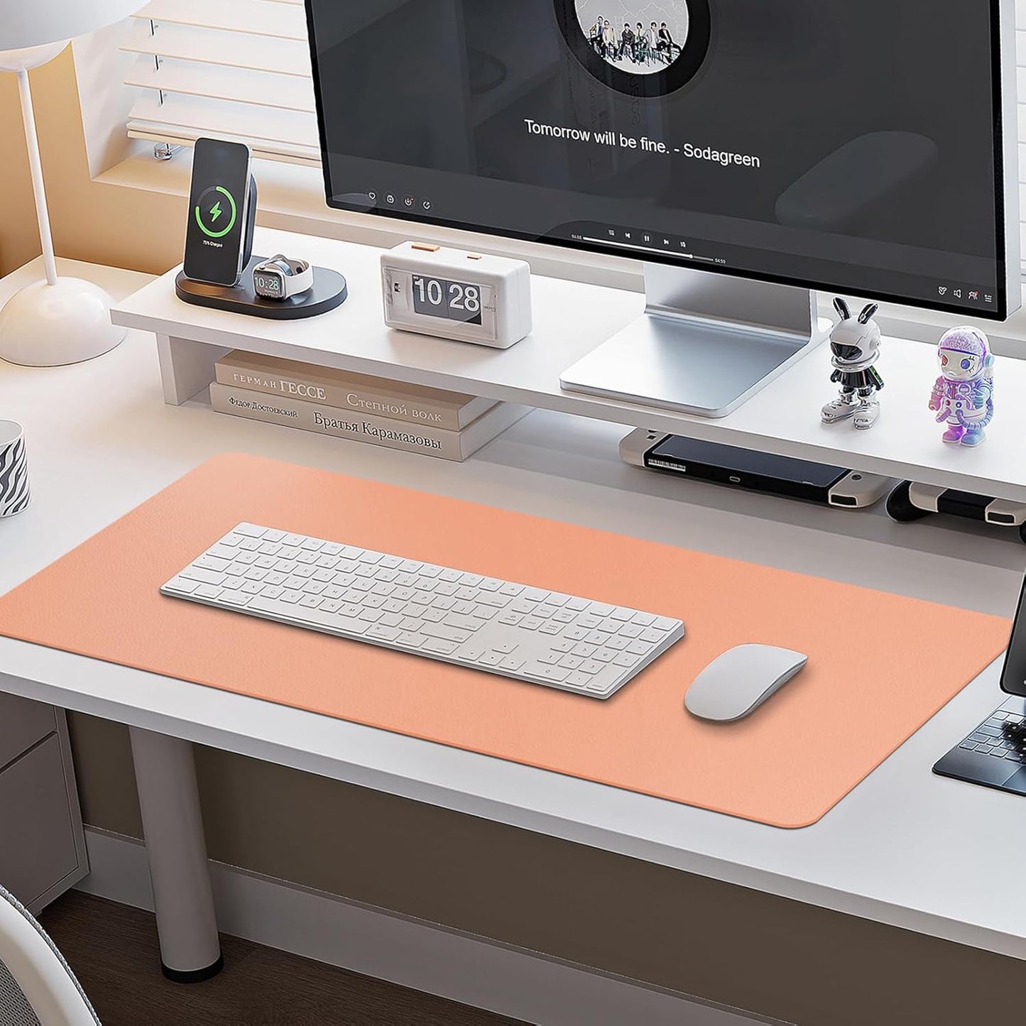 Boutilon Leather Desk Pad Protector,Non-Slip Mouse Pad,Laptop Desk Pad,Office Mouse Mat,Waterproof Leather Desk Blotter,Desk Writing Pad for Office and Home (S-Orange Pink,24"x 14")