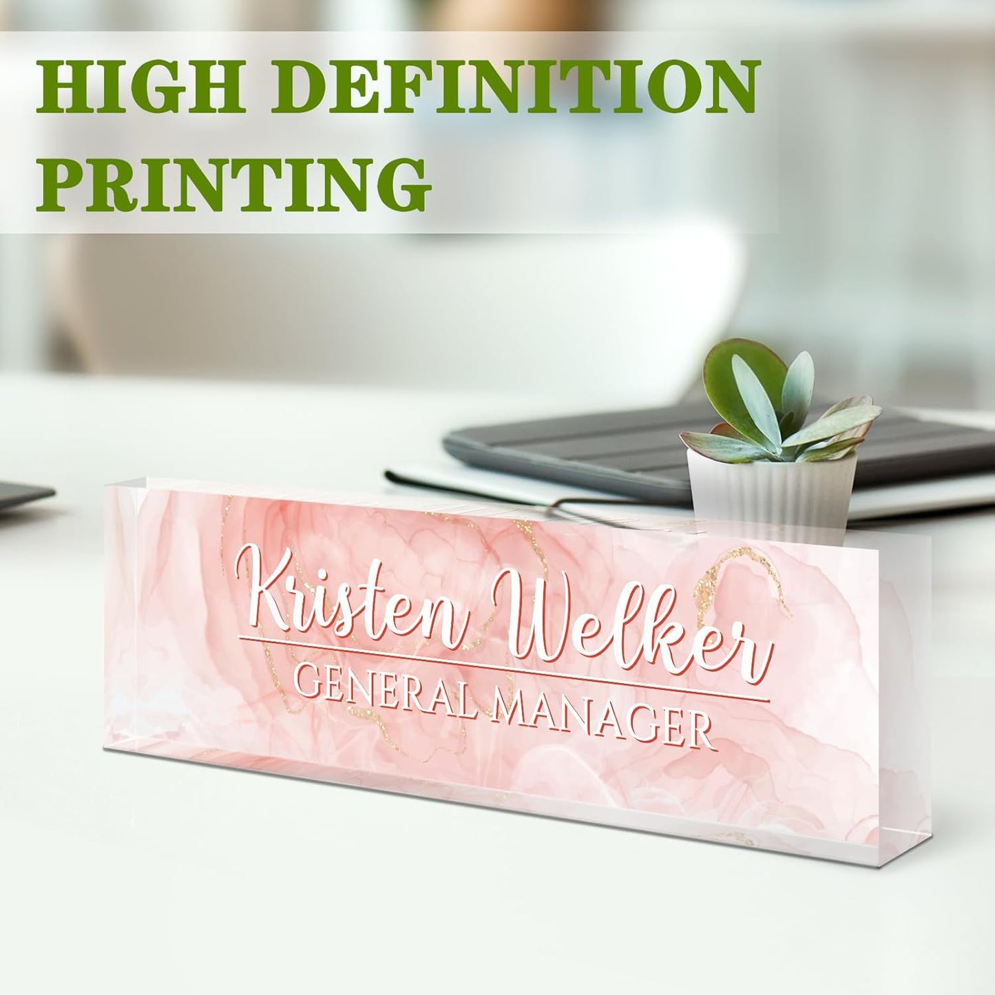 Gowellly Desk Name Plate Personalized - Custom Acrylic Name Plate for Desk - Enterprise Custom Logo/Text nameplates - Employee Appreciation Gifts (Pink)