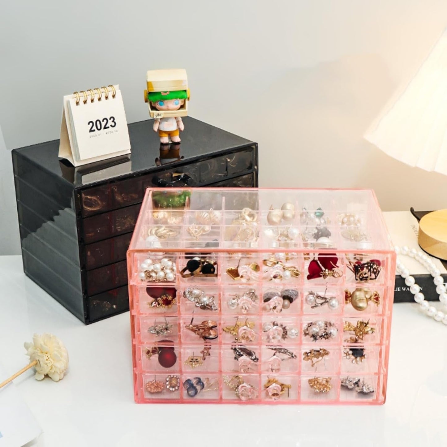 Feadily Acrylic Jewelry Organizer Box, Jewelry Drawer Organizer With 5 Drawers 120 Grids, Black