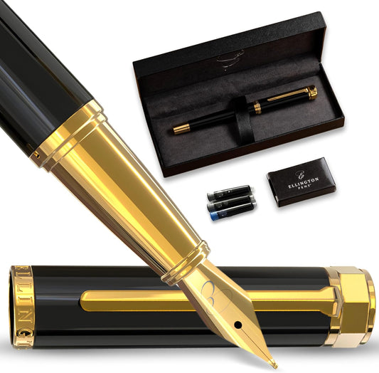 Luxury Fountain Pen Set- Fountain Pens for Writing - Smooth Extra Fine Nib - Includes Refillable Ink Converter, 3 Ink Cartridges [Black & Blue], Gift Box - Elegant Calligraphy