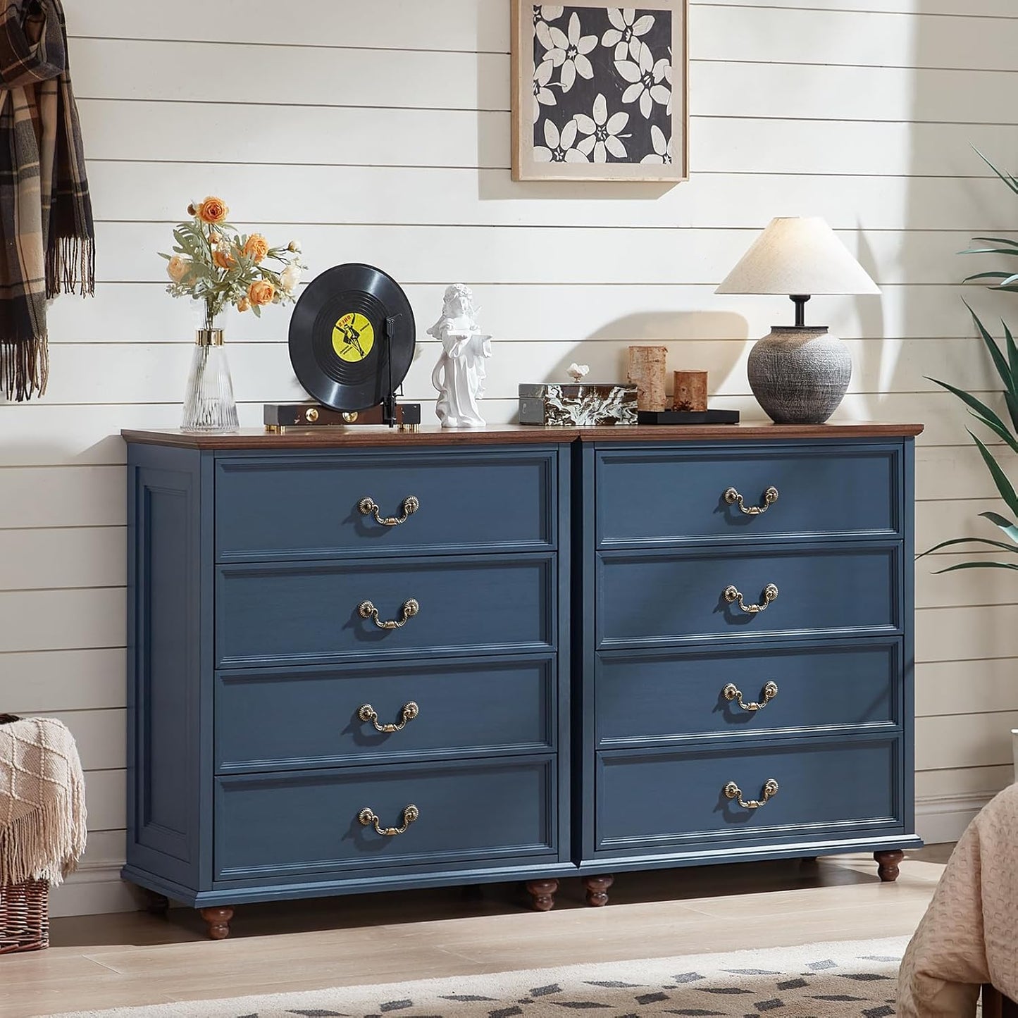 Farmhouse 4 Drawer Dresser for Bedroom, 37" Tall Rustic Chests of Drawers w/ 4 Solid Wood Feet, Mid Century Modern Wooden Closet Storage Dressers Organizer for Living Room, Hallway, Navy Blue