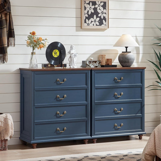 Farmhouse 4 Drawer Dresser Set of 2 for Bedroom, 37" Tall Rustic Chests of Drawers w/ 4 Solid Wood Feet, Mid Century Vintage Wooden Closet Storage Dressers Organizer for Living Room, Navy Blue
