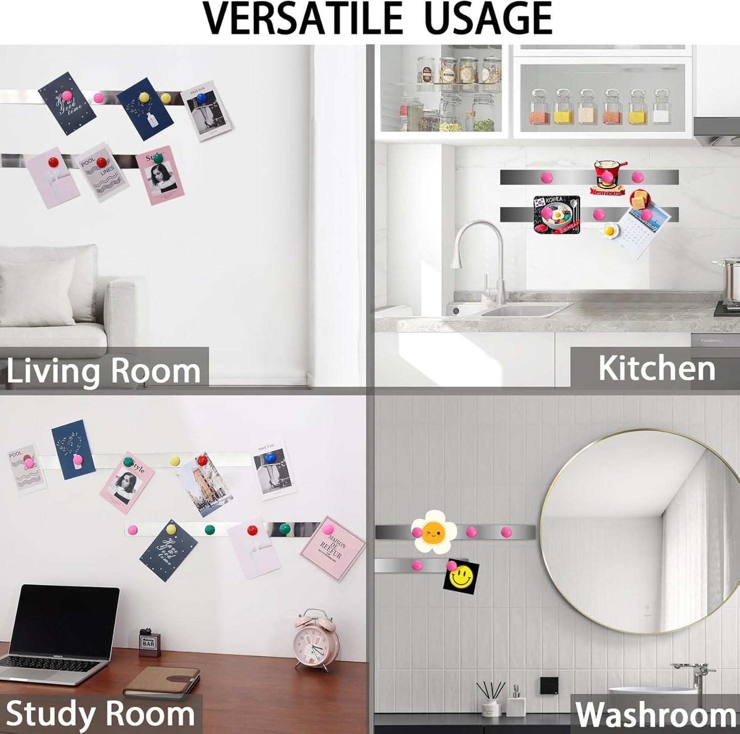 Flexible Self Adhesive Metal Strip for Magnet, Strong Peel and Stick Ferrous Tape Roll with 50pcs Magnets for Workshop, Office, School and Home Decoration (Shiny Silver, 16.4ft x 1.6inch)