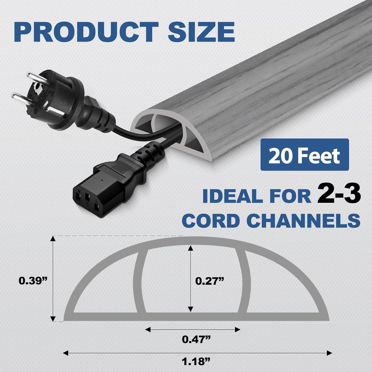 Floor Cord Cover for Wires on Floor Self Adhesive Cord Hider Floor Cable Management Wire Covers for Cords Protector Prevent Cable Trips Cord Cavity W 0.47" x H 0.27", Gray Wood, 20Ft