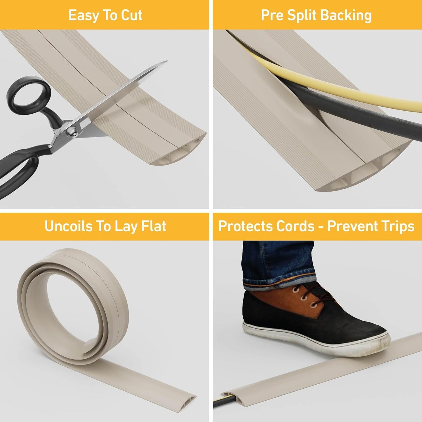 D-Line 6ft Floor Cord Cover, Cable Protector, Hide Extension Cords, Protect Cords, Prevent Cable Trips, Heavy Duty Cord Hider - Cable Cavity = 0.63" (W) x 0.31" (H) - Beige