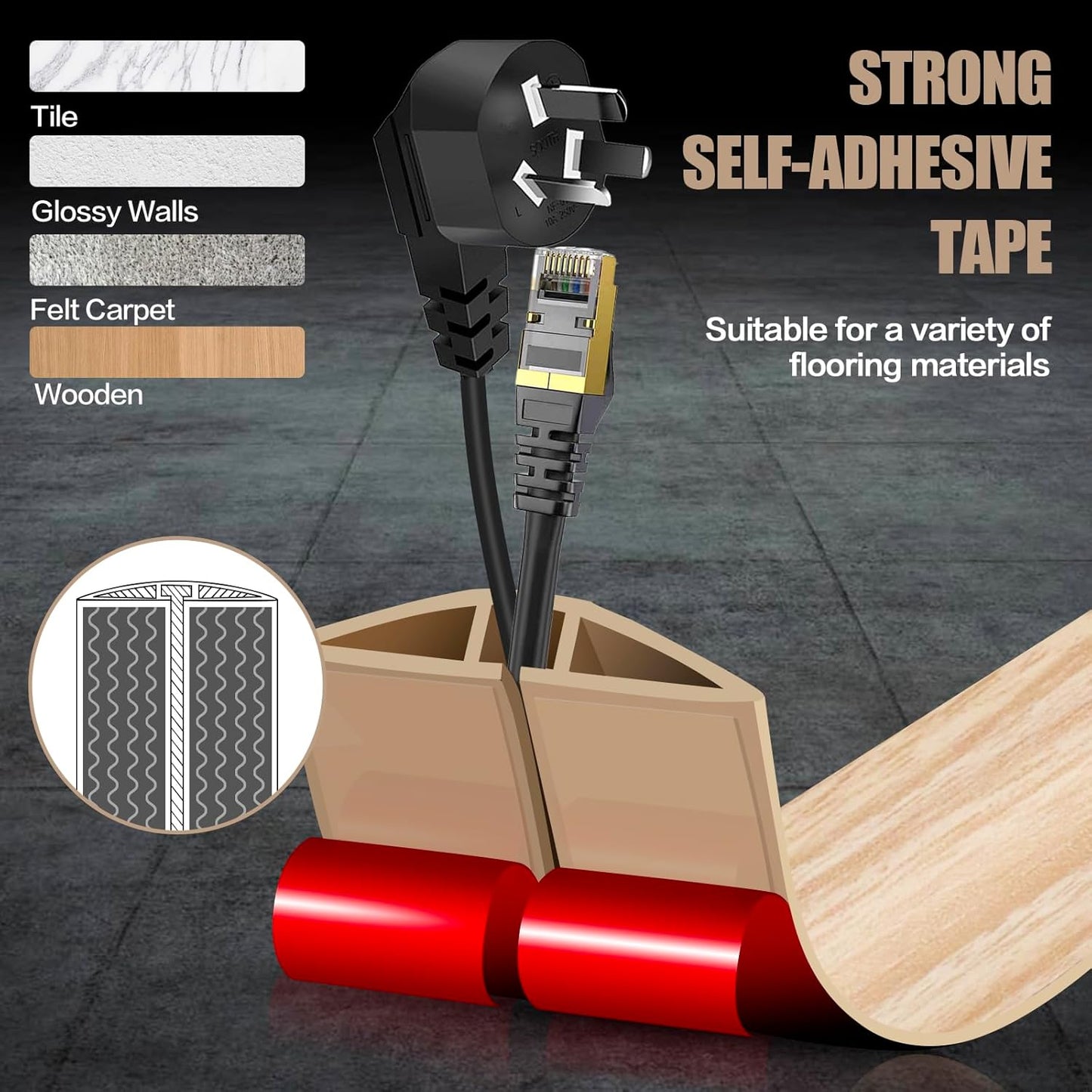 Floor Cord Cover Self Adhesive Cord Hider,10FT Cable Management, Extension Strip Protector for Wires, Prevent Cable Trips for Offices, Gyms, Exhibitions Cavity:0.51"(W) x 0.3"(H) WoodLightyellow