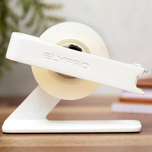 ELYPRO Modern Tape Dispenser for Office Desk - Elegant and Minimalist Design, Heavy Metal Made, Space-Saving, Perfect for Office & Home Use or as a Stylish Gift - Bonus Tape Roll Included (White)