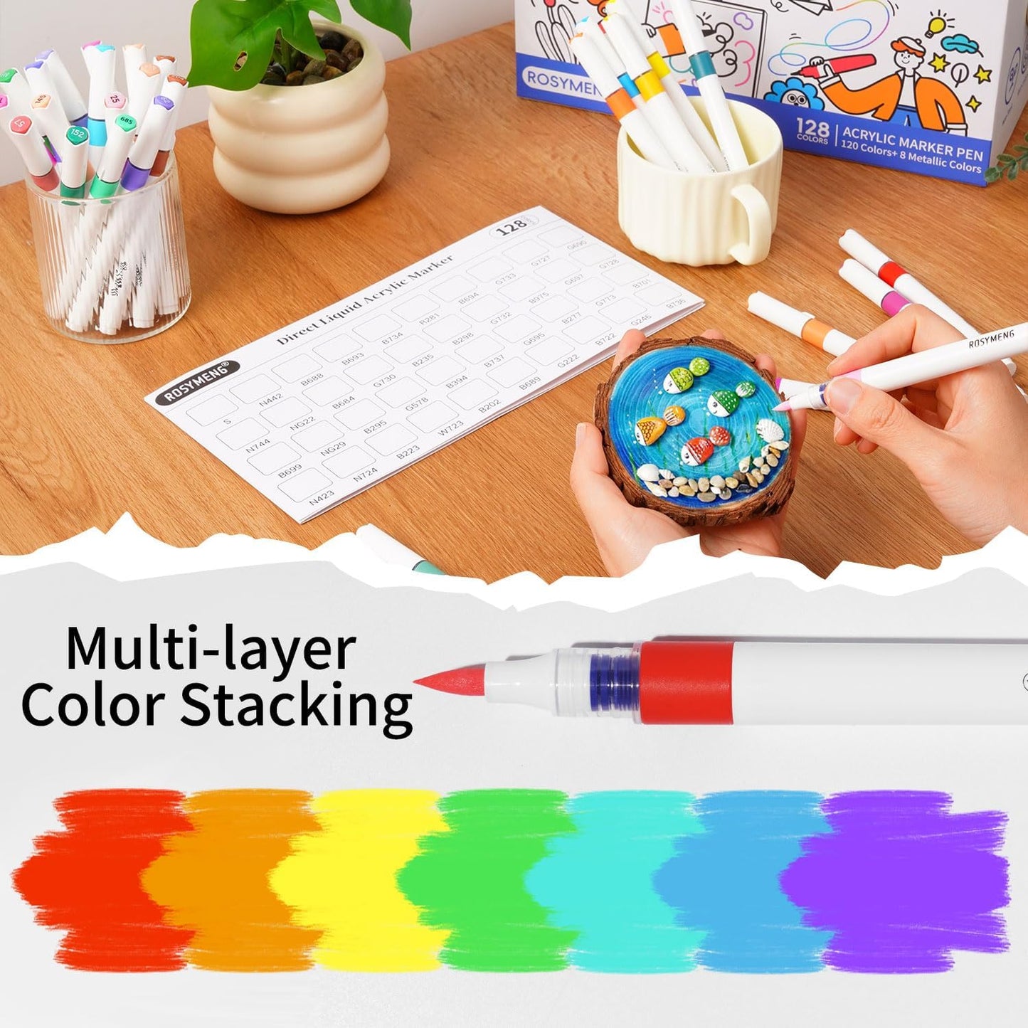 ROSYMENG Acrylic Paint Markers, 154 Colors + 8 Metal Colors - Large Ink Capacity, High Coverage with Brush Tip Acrylic Paint Pens, Suitable for Wood, Glass, Rock, and Fabric - Student School Supplies