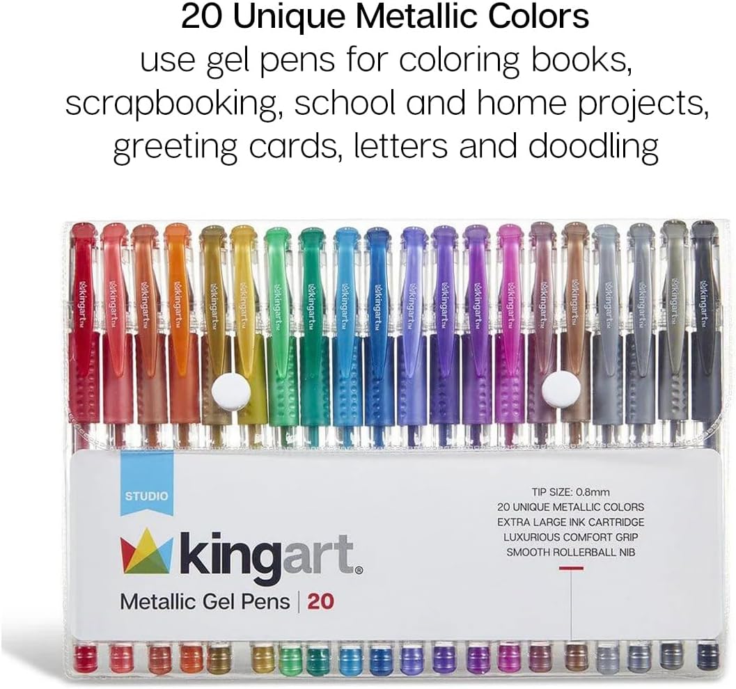 KINGART 400-20 Metallic Rollerball Gel Pens, Set of 20 Shiny Colors with Soft-Grip Comfort, XL Ink Cartridge - Ink, Great for All Ages, Writing, Coloring, Doodling, Scrapbooking, Journaling & More
