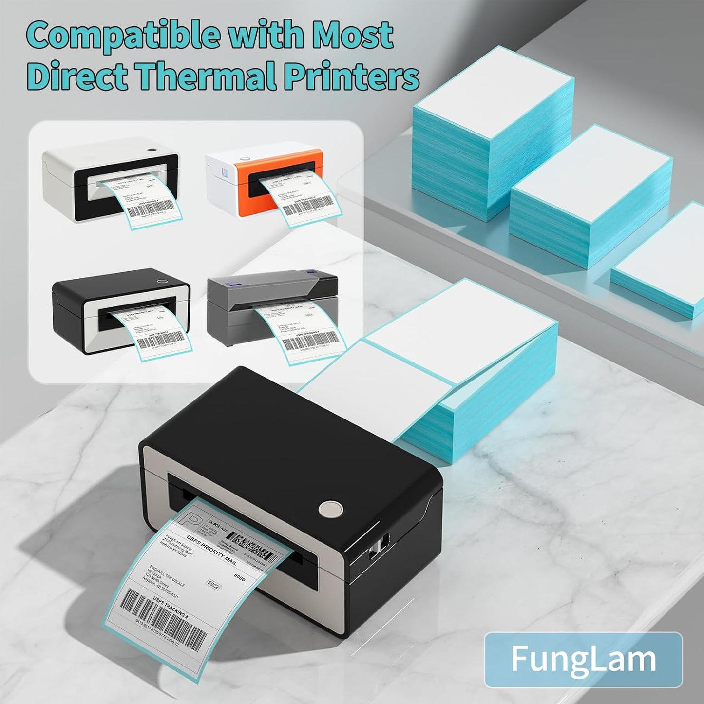 FungLam Direct Thermal Shipping Labels - 4x6 Thermal Labels Fanfold - Perforated and Strong Adhesive - 50000 Labels (1000 Labels per Stack, 50 Stacks)