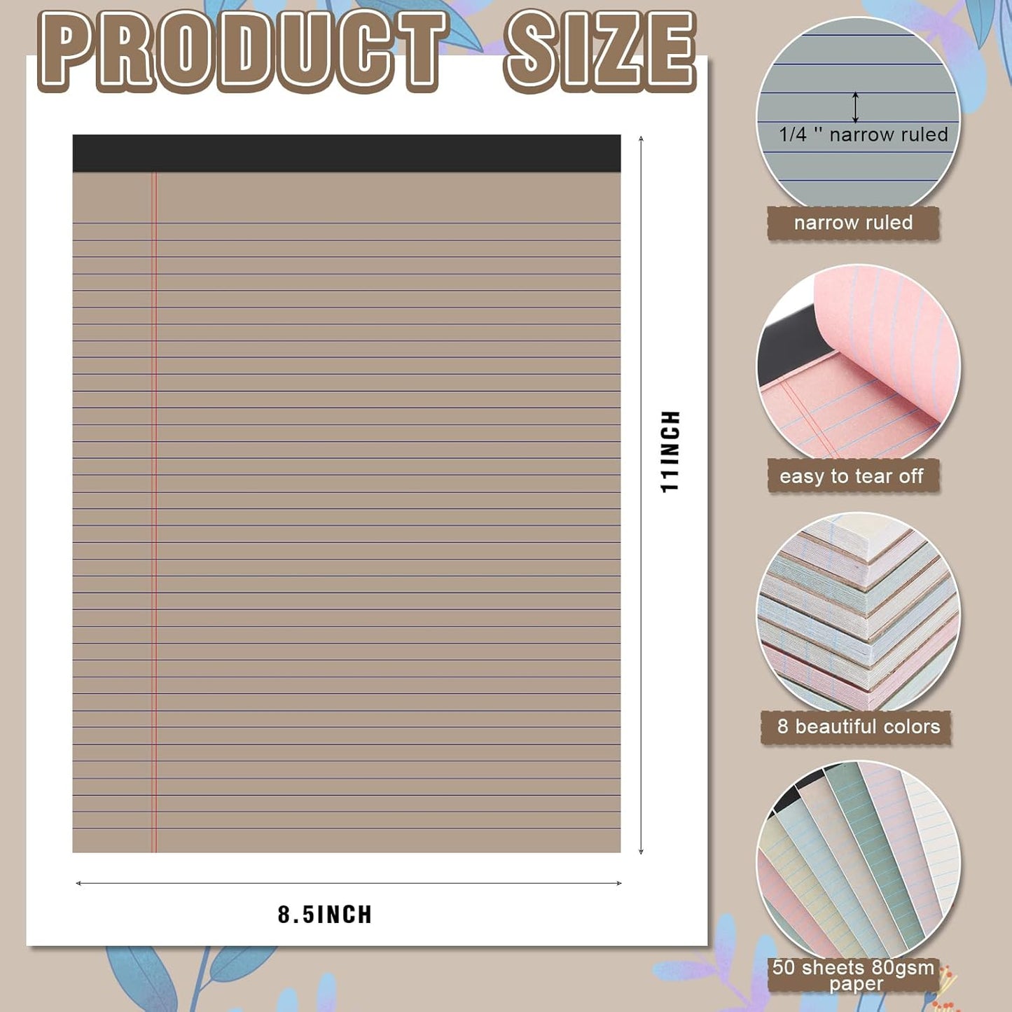 Fuutreo 8 Pcs 8.5'' x 11'' Colored Legal Pad Writing Pads Narrow Ruled 50 Sheets Per Notepad Perforated Writing Notepad Office Supplies for College Office Business (Pastel Color)