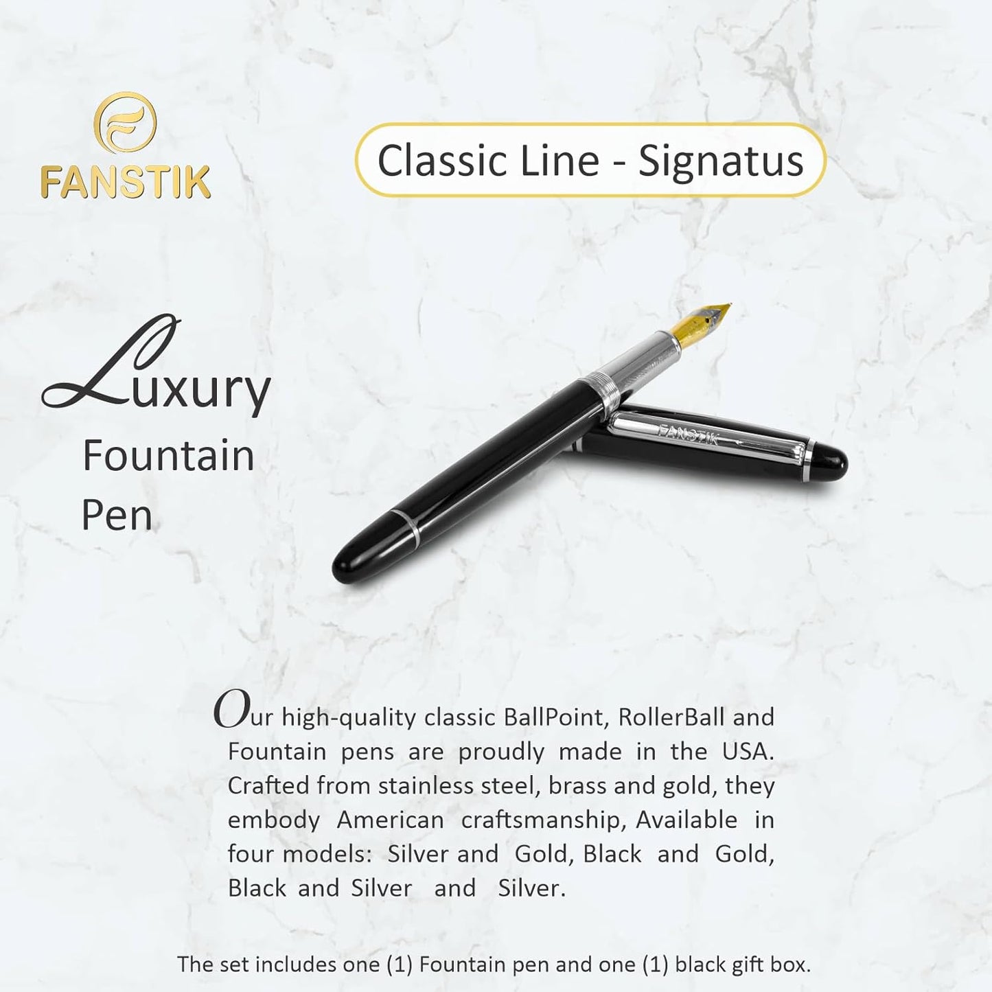 Customized Fountain pen with name (MADE IN USA), stainless steel, black and Silver, luxury engraved pen personalized for men and for women. (Fountain Black-Silver)
