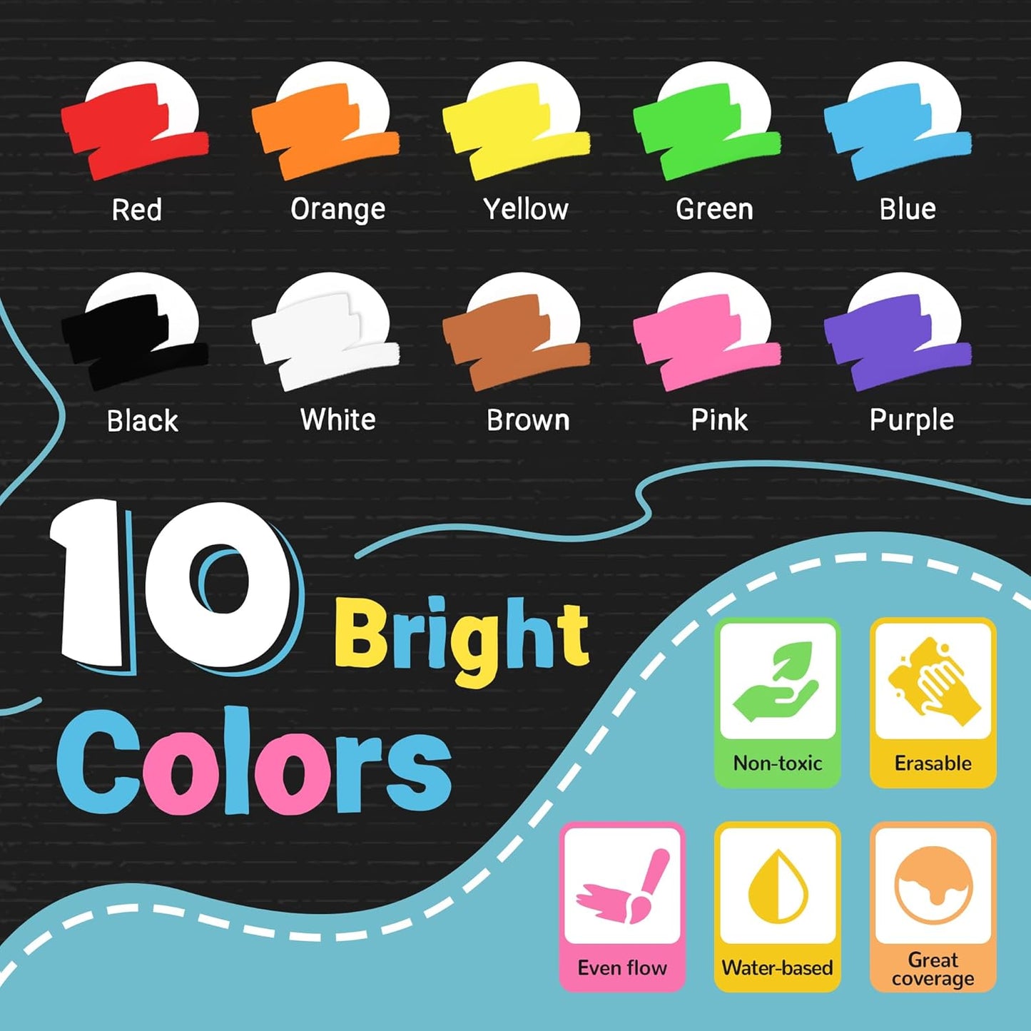 Window Chalk Markers for Glass Washable, 10 Colors Jumbo Liquid Chalk Marker with 10mm 3 in 1 Nib Thick Wide Tips, Big Chalkboard Markers, Car Paint Pen for Auto, Bistro, Mirror, Poster, Blackboards