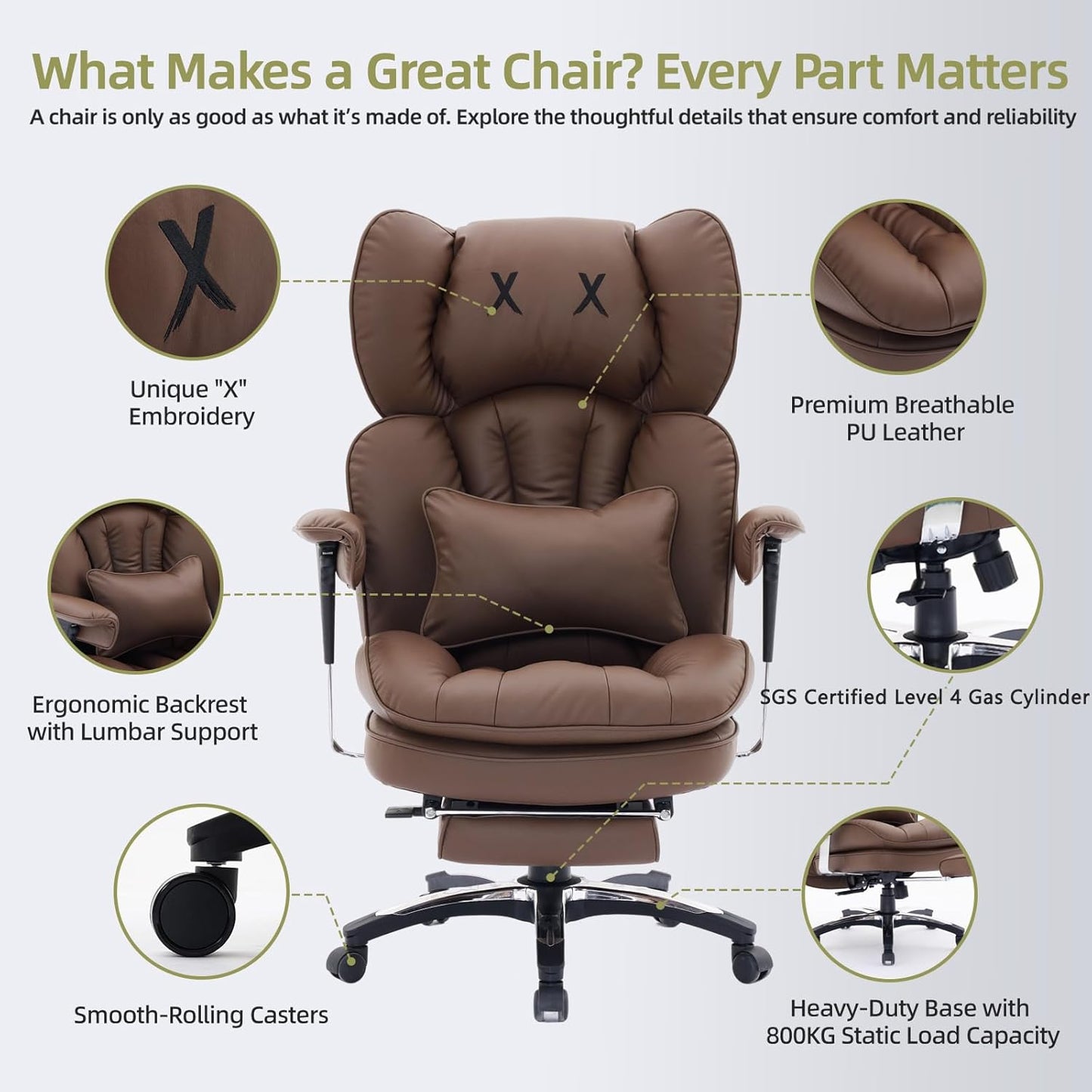 Efomao Big and Tall Office Chair with Footrest – High Back Computer Chair with Adjustable Armrests，Executive Office Chair with Wide Seat, Modern Desk Chair for Home Office, Gaming, or Study, Brown