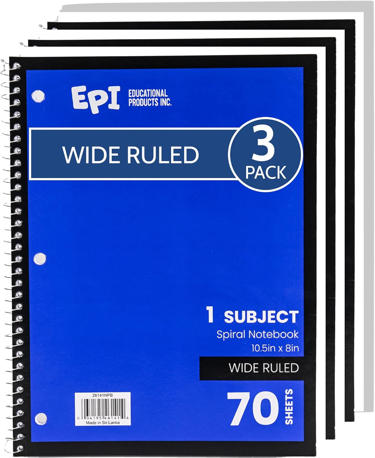 EPI Spiral Notebook | Wide - 70 Sheets, Durable Spiral Binding | 10.5 x 8 in | Classroom Supplies | School, Office, Note Taking, Journaling - 3 Pack