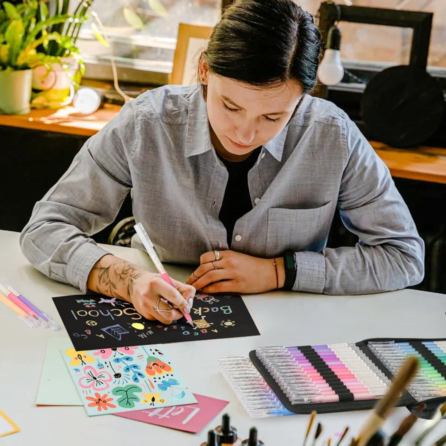 48 Colors 3D Acrylic Gel Pens & Black Paper Sketchbook for Drawing, 1mm Fine Point Acrylic Ink Pen, Opaque Archival Ink Pens for Black Paper Drawing, Sketching, Illustration, Card Making