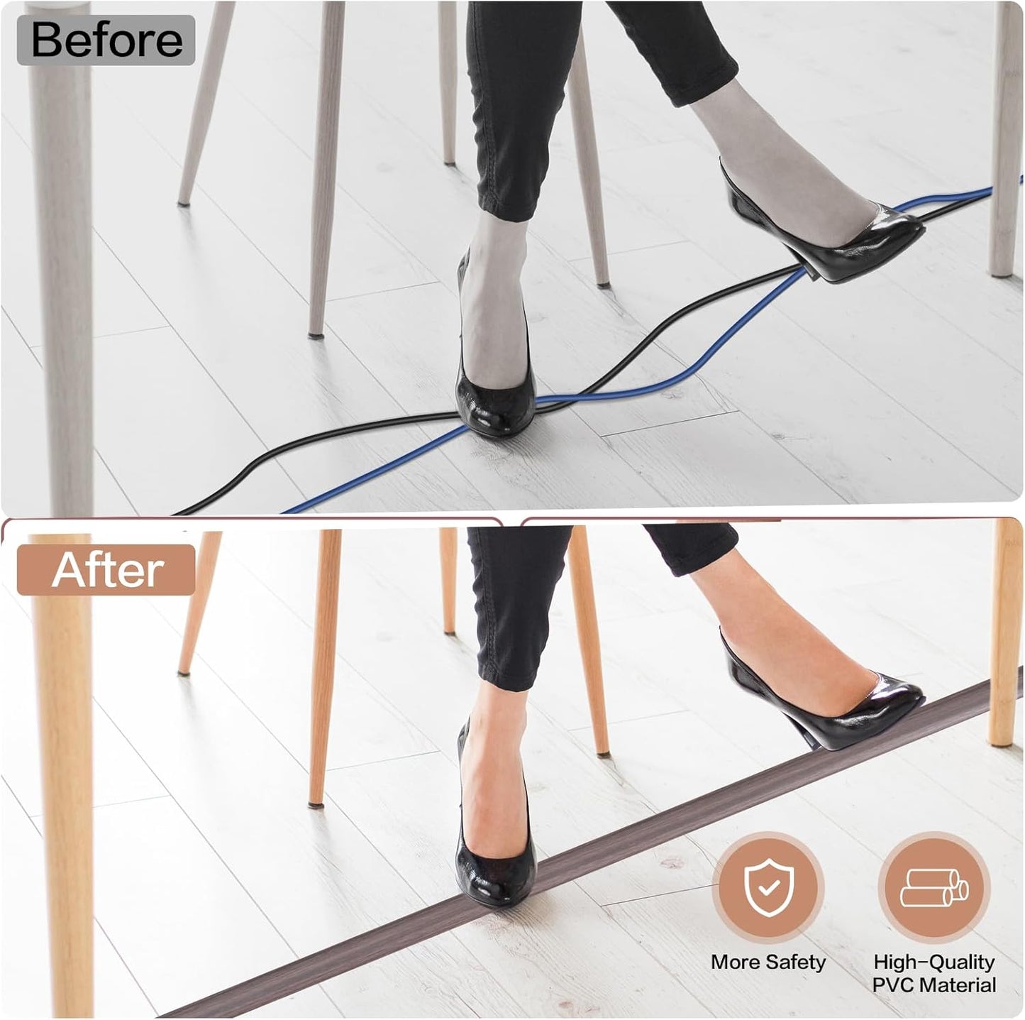 Floor Cord Cover Self Adhesive Cord Hider Floor Extension Cord Covers for Floor Power Cord Protector Cable Management Prevent Cable Trips Cable Cavity 0.47" W x 0.27" H (Brown Walnut Wood, 20Ft)