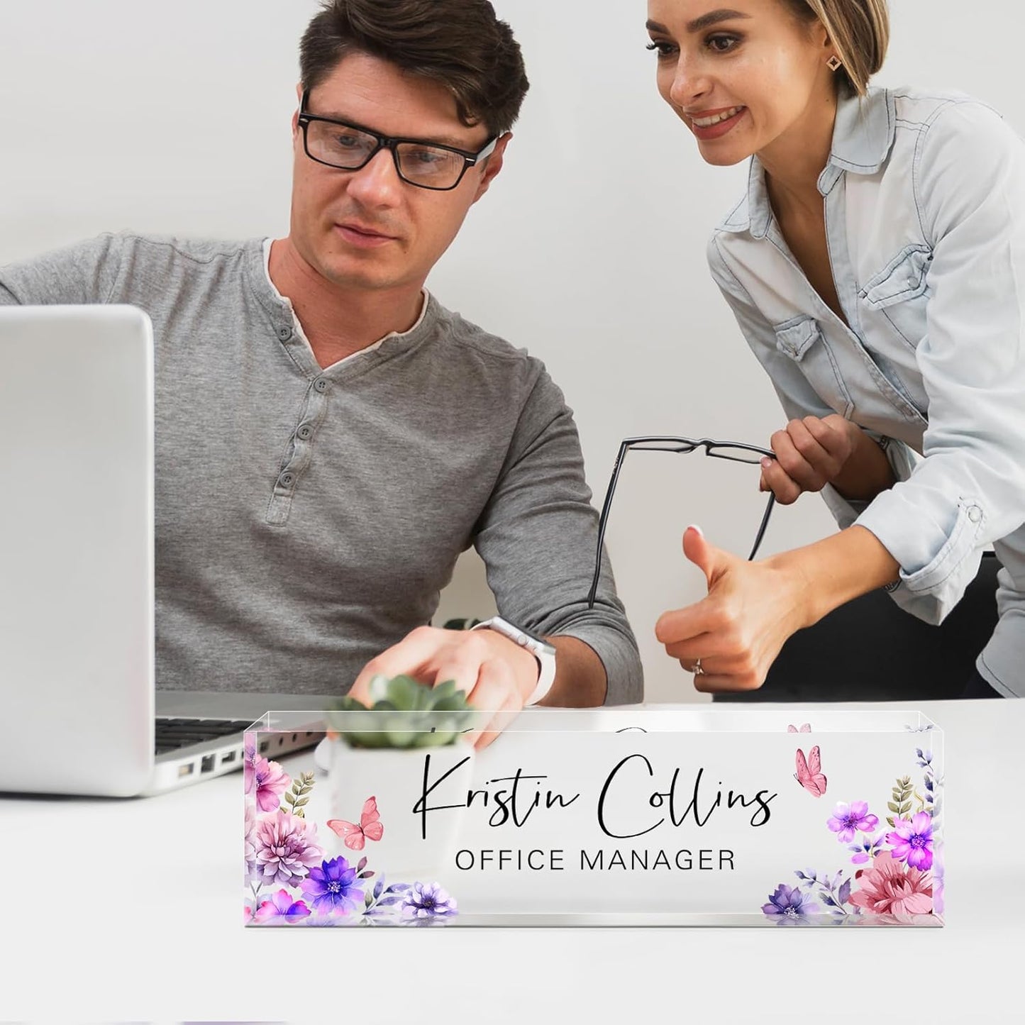 Custom Name Plate for Desk, Acrylic Office Decor For Women Men, Personalized Office Desk Accessories, Teacher Employee Appreciation Gifts For Social Worker Boss Coworkers (Purple Flower-3)
