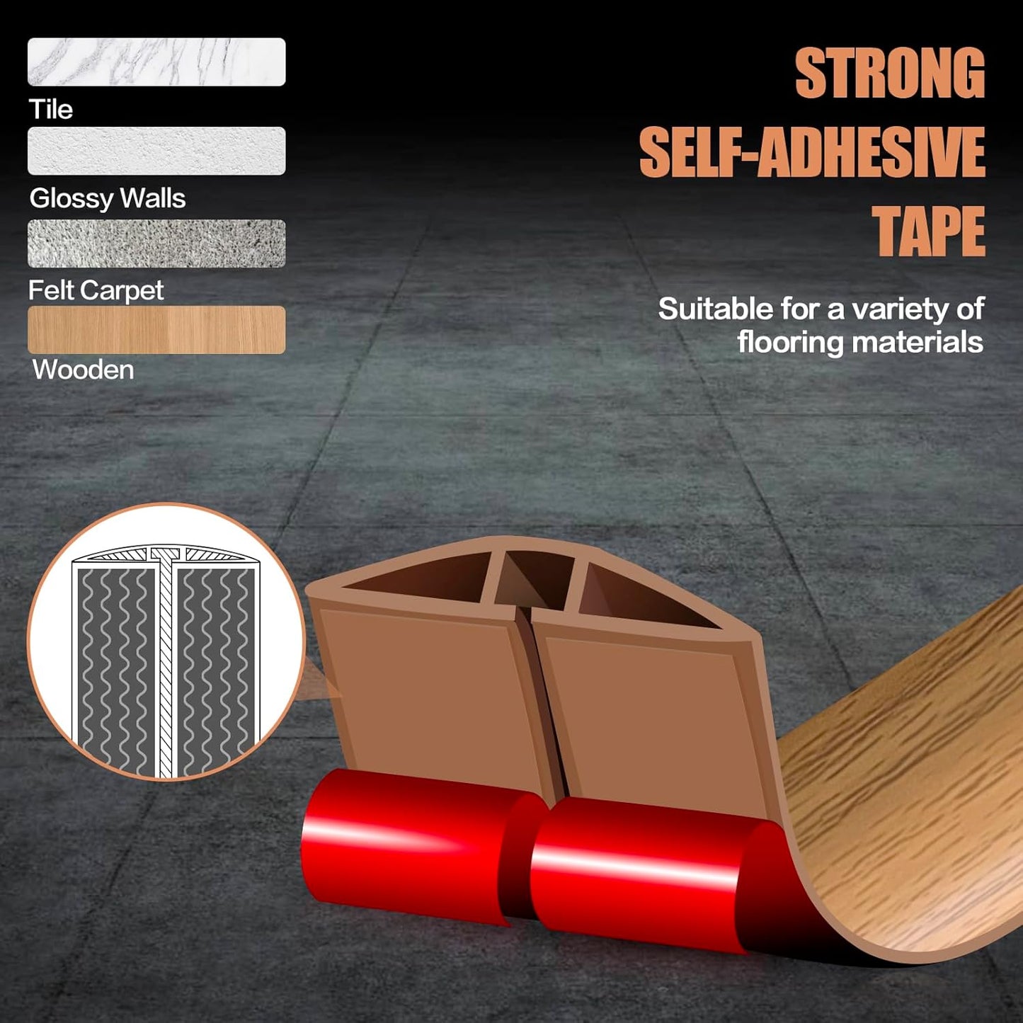 Floor Cord Cover Self Adhesive Cord Hider,3.3FT Cable Management, Extension Strip Protector for Wires, Prevent Cable Trips for Offices, Gyms, Exhibitions Cavity:0.3"(W) x 0.28"(H) Brown Wood