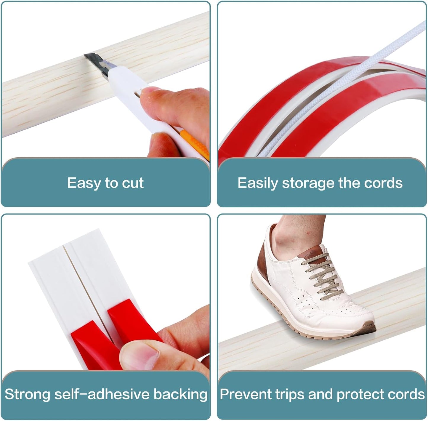 Floor Cord Cover Self Adhesive Cord Hider Floor Extension Cord Covers for Floor Power Cord Protector Cable Management Prevent Cable Trips Cable Cavity 0.32" W x 0.32" H (Beige Wood, 10Ft)