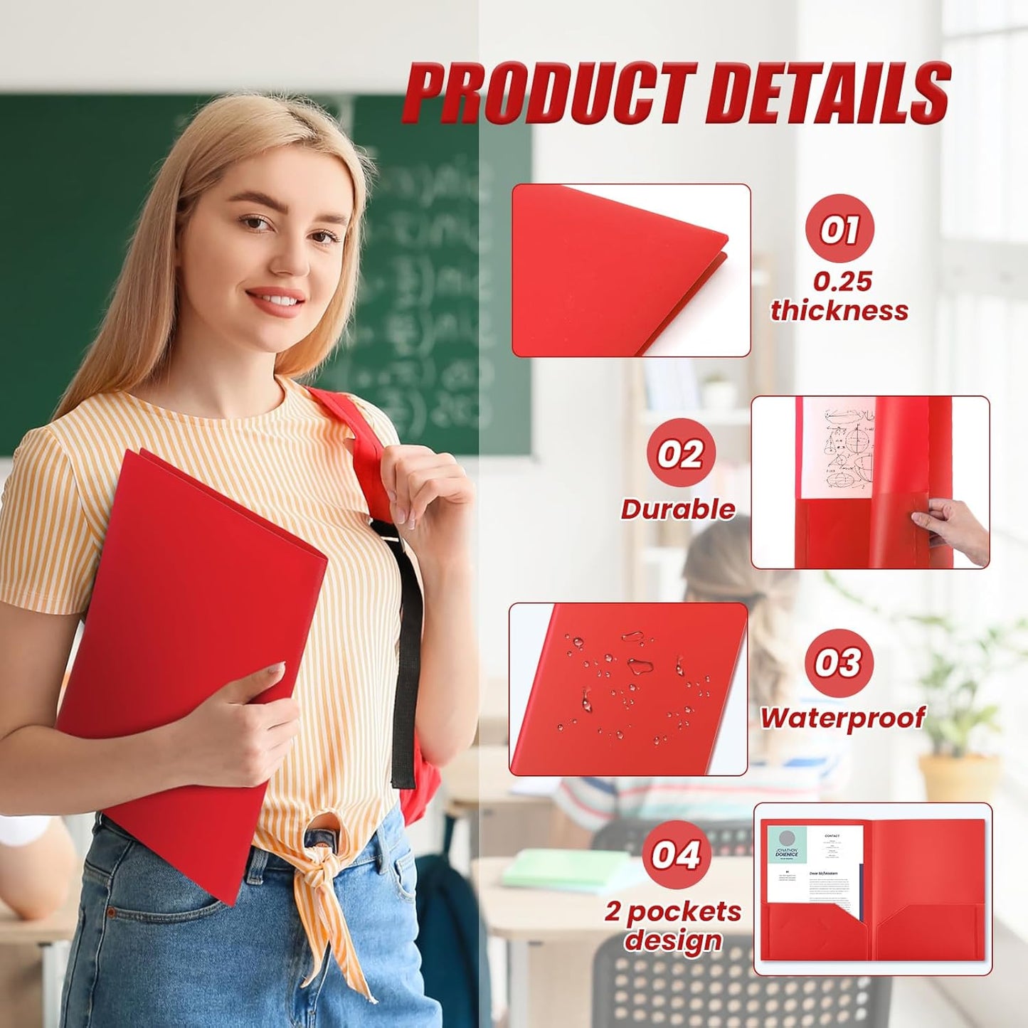 Gueevin 50 Pcs Plastic Folders with Pockets, Back to School Two Pocket Folder Fit Letter Size, Heavy Duty School Business Card Holder for Home Office, 11. 61 x 9. 45 Inches (Red)