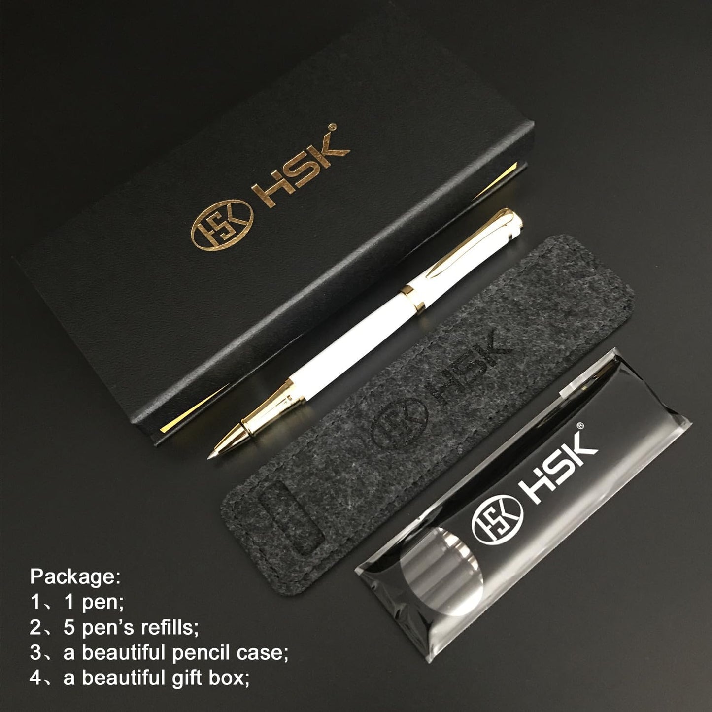 HSK Luxury Ballpoint Pens gift Pen Black Refill Line width 0.5mm,Best Ball Pen Gift Set for Men & Women Professional Executive,Office,Nice Pens Classy Gift Box (White)