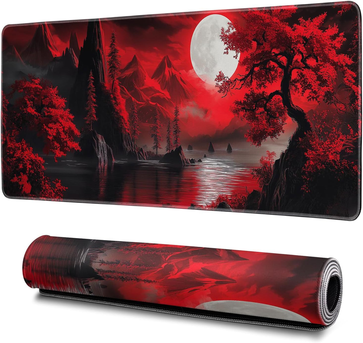 Darkness Red Moon Mouse Pad Abstract Red Mouse Pad 31.5x11.8 Inch Geometric Texture Non-Slip Rubber Base Large Mousepad Stitched Edges Keyboard Mouse Mat Desk Pad for Office and Home