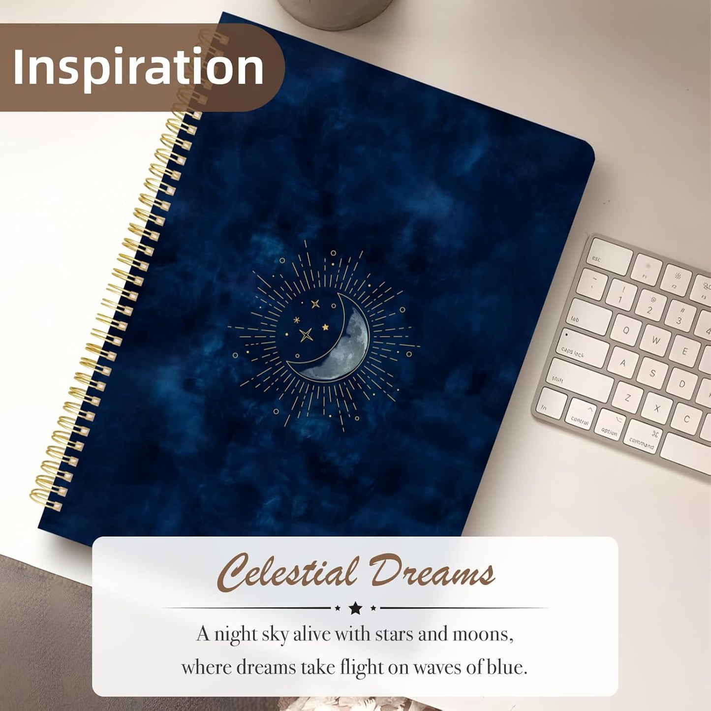 Cute Spiral Notebook journal A4 Aesthetic Pretty Design for Women Girls Kawaii with Pocket, 8.5 x 11 inch, Graph, Blue Moon