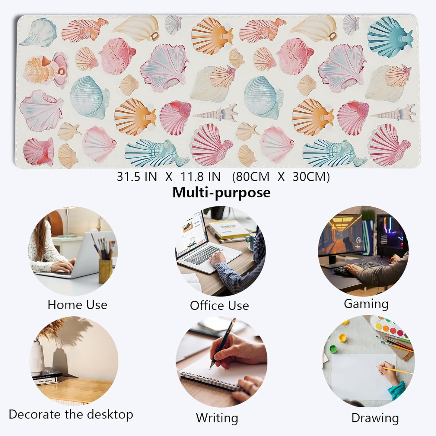 Ocean Themed Mouse Pad,Colorful Seashells Mouse Pad,XL Large Ocean Beachy Seashell Desk Mat,Girly Summer Coastal Gaming Pads,Girly Laptop Desk Mat,Summer Beachy Desktop Decor Art,31.5x11.8