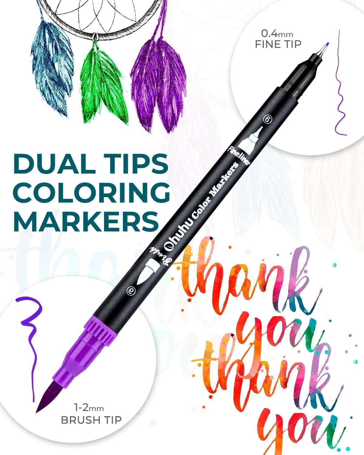 Ohuhu Markers for Adult Coloring Books No Bleeding 100 Colors Coloring Markers Water-based Dual Tips Fineliner & Brush Drawing Pens Art Pens for Kids Adults Sketch Journal - Maui - Black