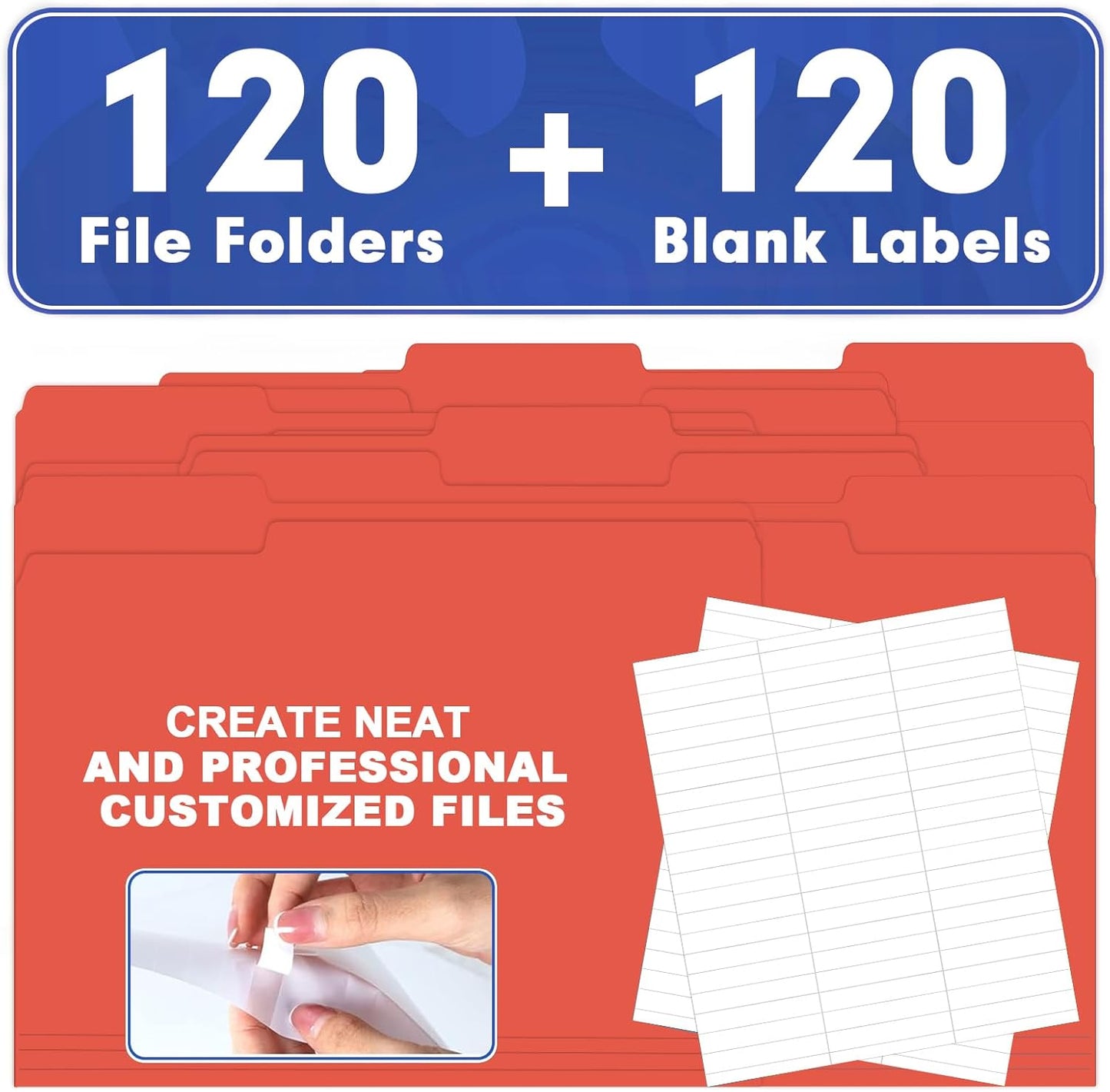 File Folder, HERKKA 120 Pack 1/3 Cut Tab File Folders, File Folders Great for Organizing and Filing, Letter Size, Red