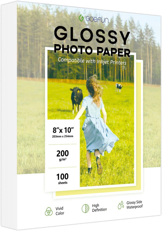 100 Sheets Glossy Photo Paper 8x10, Goefun 200GSM/54LB Inkjet Printer Paper for Dye Ink