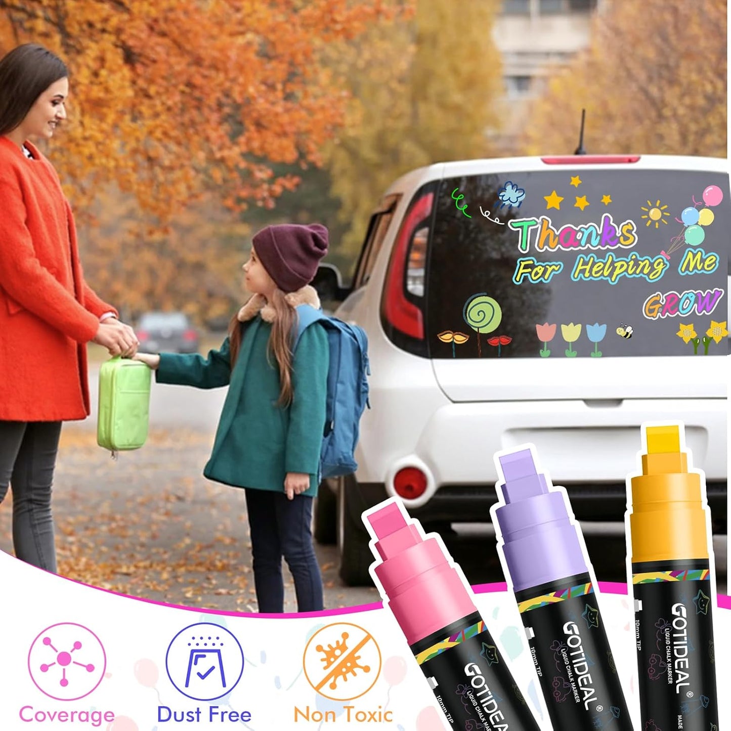 GOTIDEAL Window Markers, Jumbo Chalk Markers for Blackboard, Washable Car Marker for Chalkboard Glass Mirrow,10mm Thick Tip12 Colors(Pastel Color)