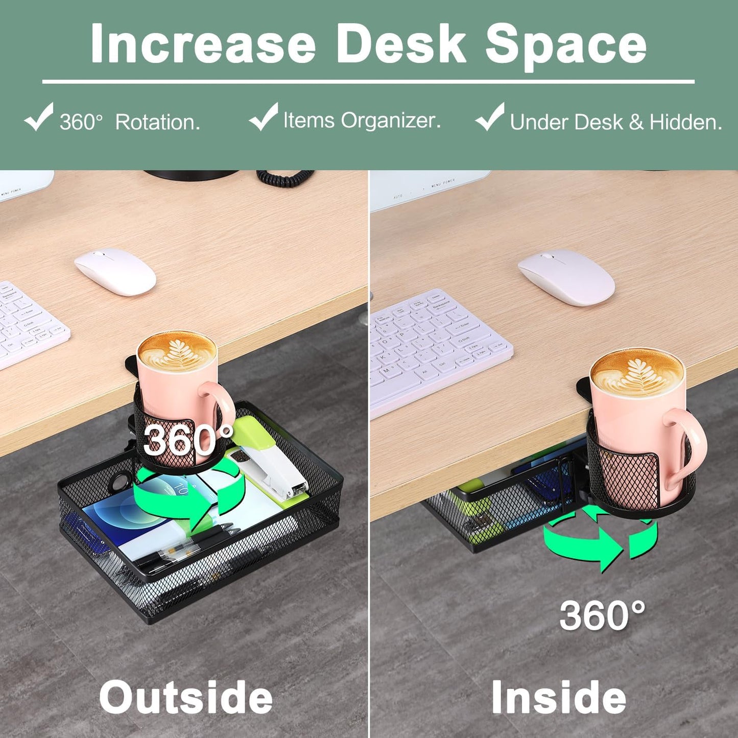 ROSYLINE 360°rotation under desk drawer, Drawer Under Desk Storage Organizer, Rotary Desk Storage Organizer with Cup Holder, Clamp Drawer Basket, sturdy and durable (black)