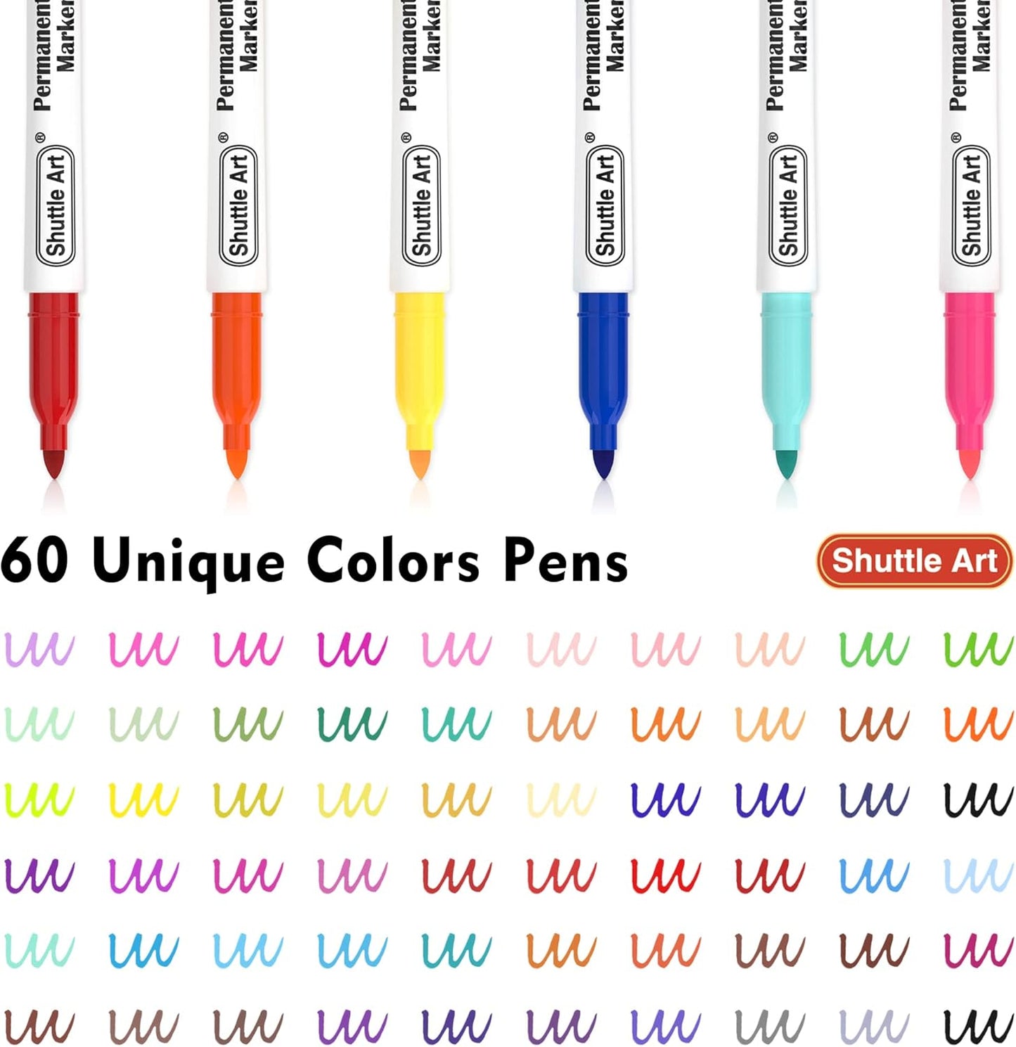 Shuttle Art 60 Colors Permanent Markers, Fine Point, Assorted Colors, Works on Plastic,Wood,Stone,Metal and Glass for Doodling, Coloring, Marking