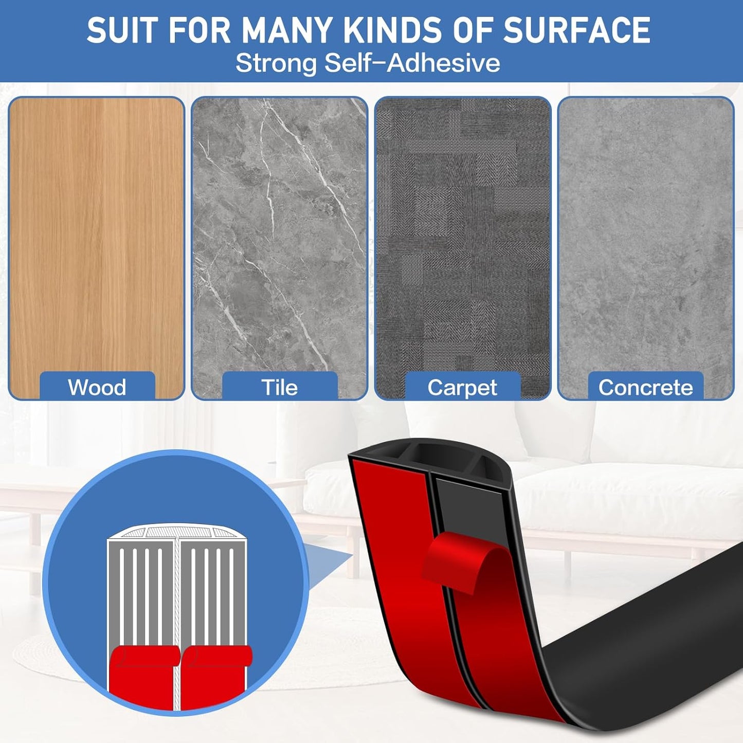 Floor Cord Cover Self Adhesive Cord Hider Floor Extension Cord Covers for Floor Power Cord Protector Cable Management Prevent Cable Trips Cable Cavity 0.59" W x 0.31" H (Black, 20Ft)