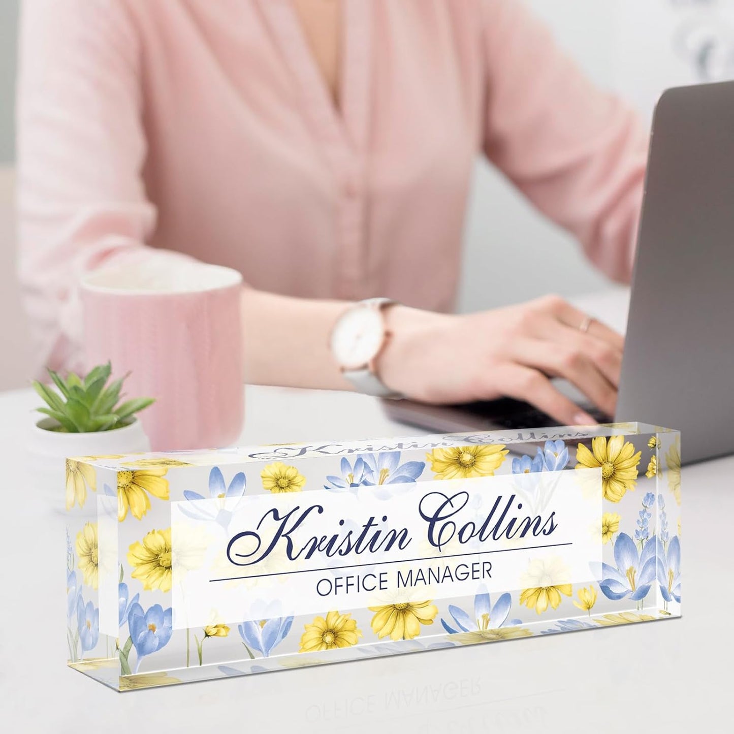 Custom Name Plate for Desk, Acrylic Office Decor For Women Men, Personalized Office Desk Accessories, Teacher Employee Appreciation Gifts For Social Worker Boss Coworkers (Flowers-6)