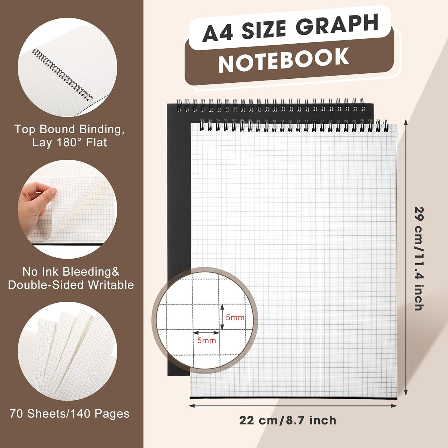 12 Pack Top Spiral Graph Paper Notebooks 8.7 X11.4 Inch A4 Grid Paper Notepad 70 Sheet Memo Steno Pad for Engineering Writing Sketching Drawing School Office Supplies (Black)
