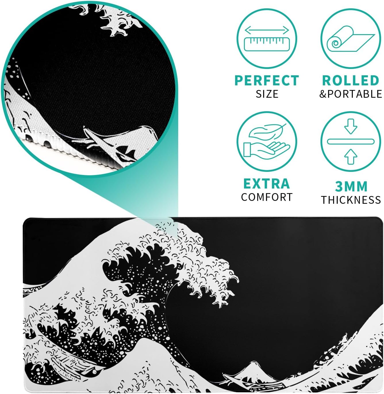 Japanese Sea Wave Large Mouse Pad, Abstract Black Gaming Mousepad, Extended Kanagawa Mat Desk Pad, 3mm Thick Long Non-Slip Rubber Base Mice Pad for Office and Home, 27.6x11.8 Inch