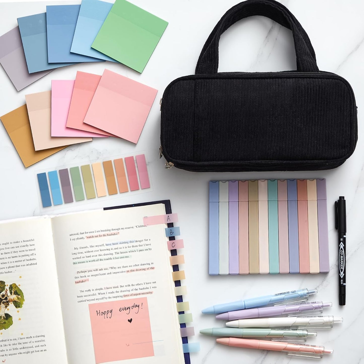 Jutom 39 Pcs Aesthetic Book Annotation Kit Highlighter with Pencil Case Bag Gel Pen Transparent Sticky Note Taking Bible Study College School Supplies(Black,Classic Style)