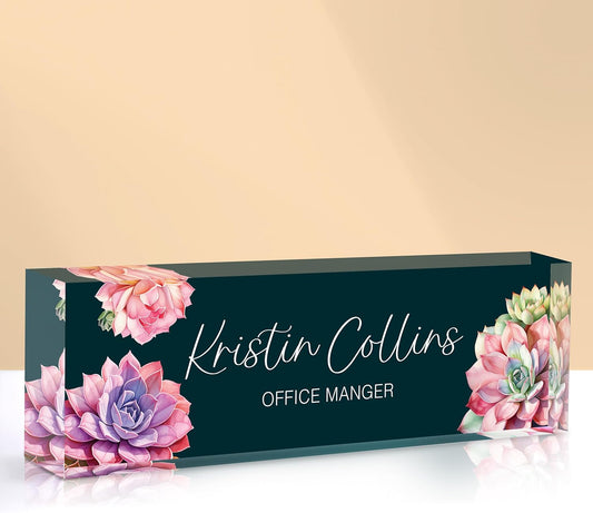 Custom Name Plate for Desk, Acrylic Office Decor For Women Men, Personalized Office Desk Accessories, Teacher Employee Appreciation Gifts For Social Worker Boss Coworkers (Succulent 2)