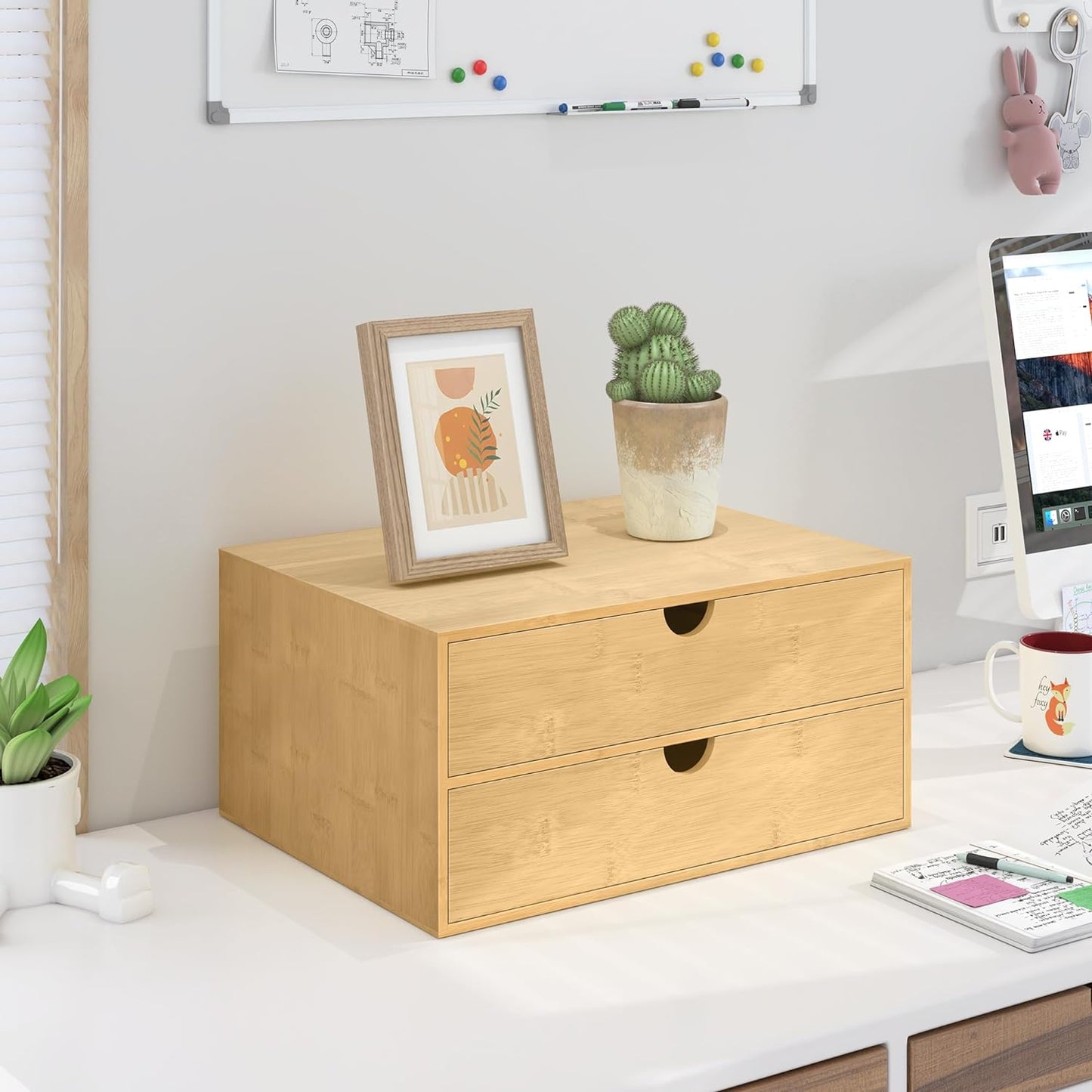 Bamboo Desk Drawer Organizer, Large Desktop Organizer with Drawers Tabletop Storage Organization Box for Office Home Toiletries Supplies Vanity, No Assembly Required (2 Drawer)