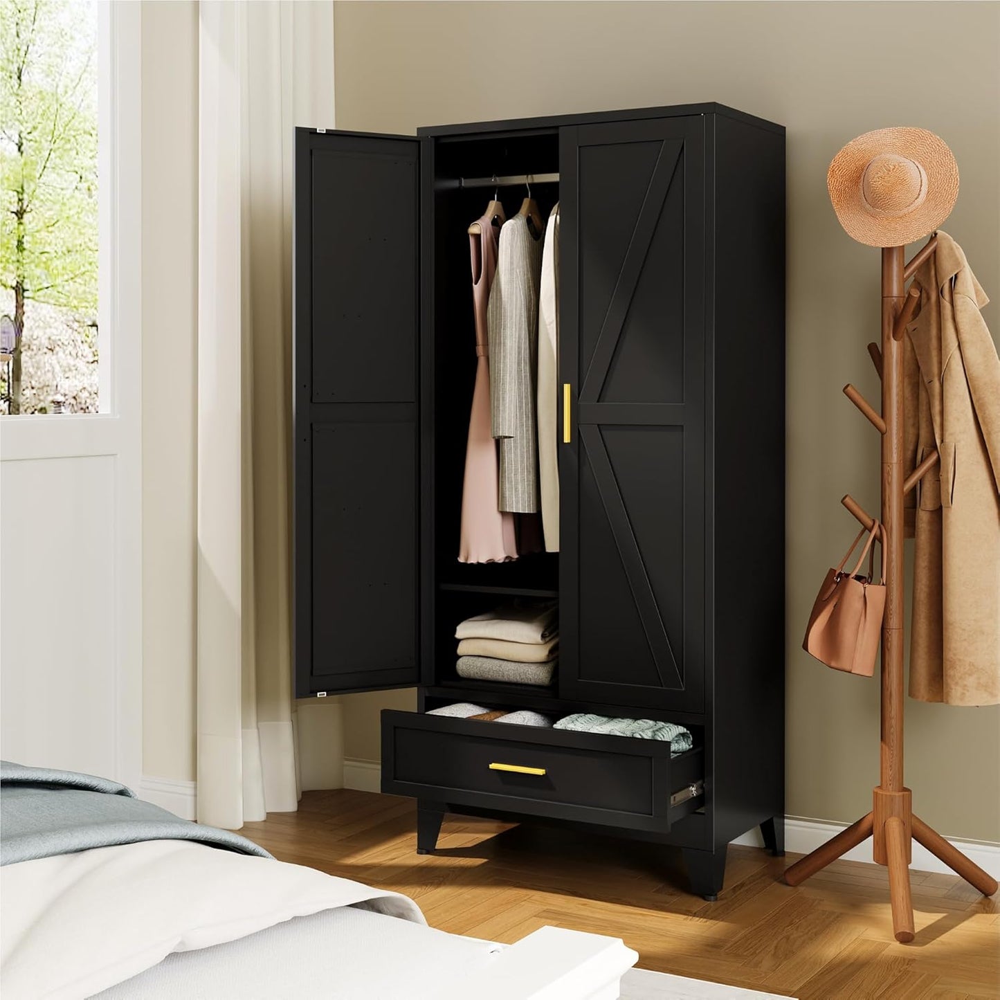 Farmhouse Wardrobe Cabinet with One Drawers,Metal Wardrobe Closet with Hanging Rod,Metal Armoire with Adjustable Shelves for Bedroom,Living Room, Cloak Room,Office (Blue)